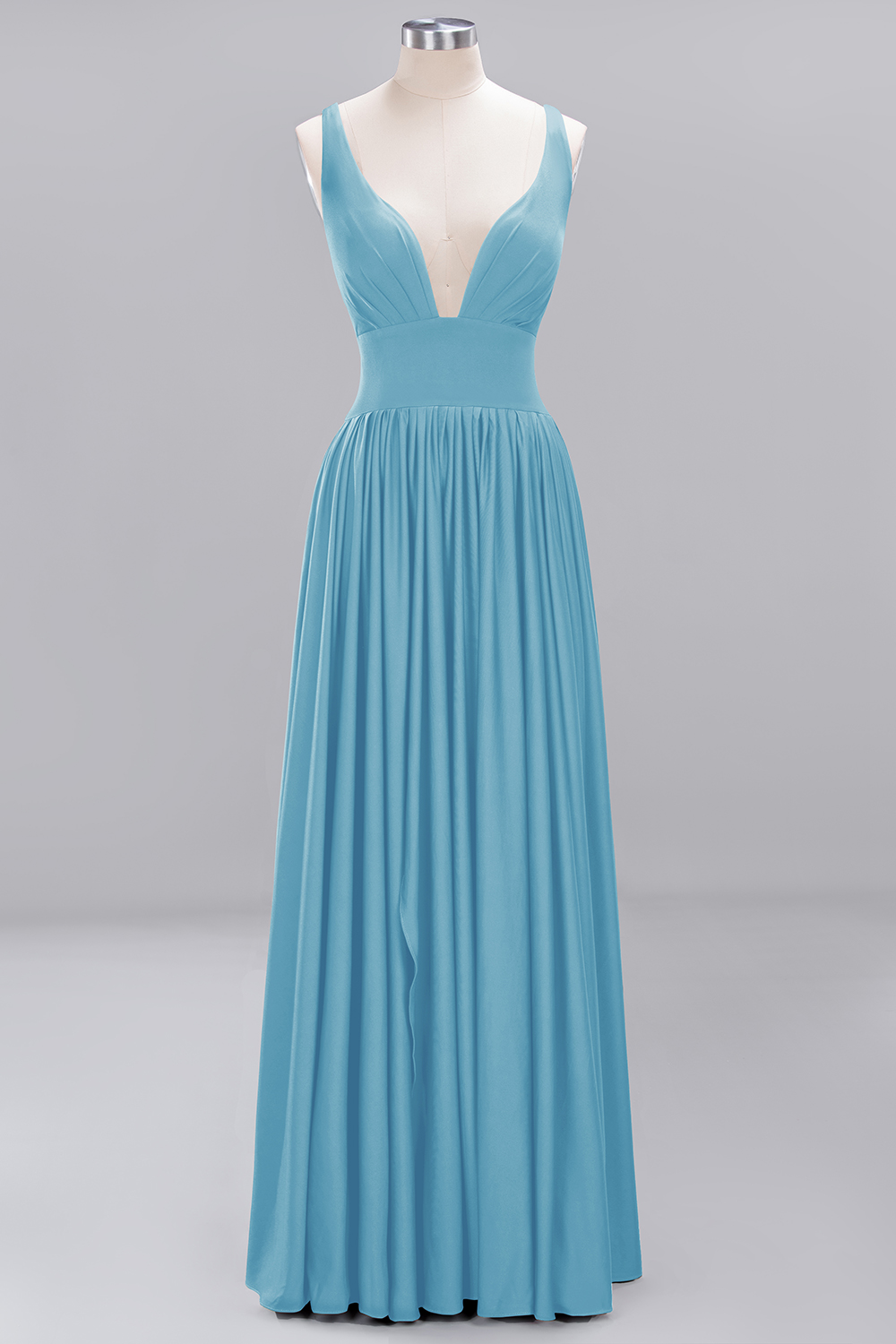 A-Line V-Neck Sleeveless Long Ruffles Bridesmaid Dress