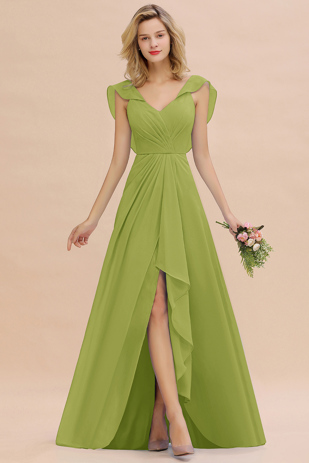 BM0777 Simple Hi-Lo V-Neck Ruffles Long Bridesmaid Dress