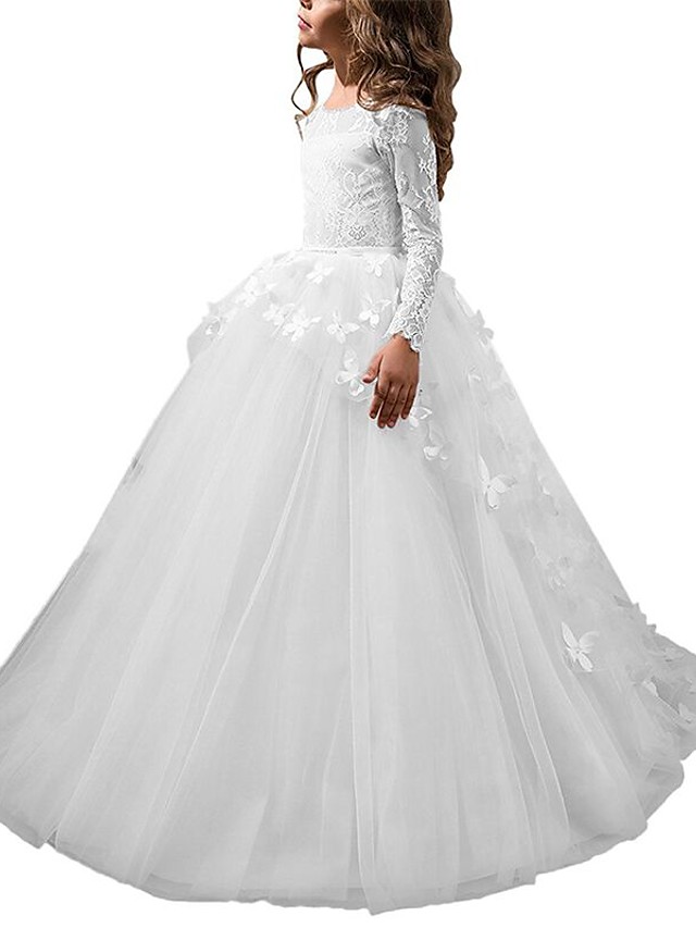 Long A-line Tulle Lace Jewel Neck Party Flower Girl Dresses with Sleeeves