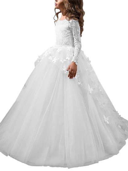 Long A-line Tulle Lace Jewel Neck Party Flower Girl Dresses with Sleeeves