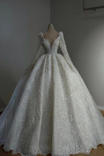 Ivory Long Ball Gown V-neck Tulle Lace Wedding Dresses with Sleeves