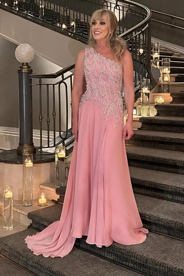 One Shoulder A Line Pink Chiffon Long Evening Dress with Beads and Appliques Lace