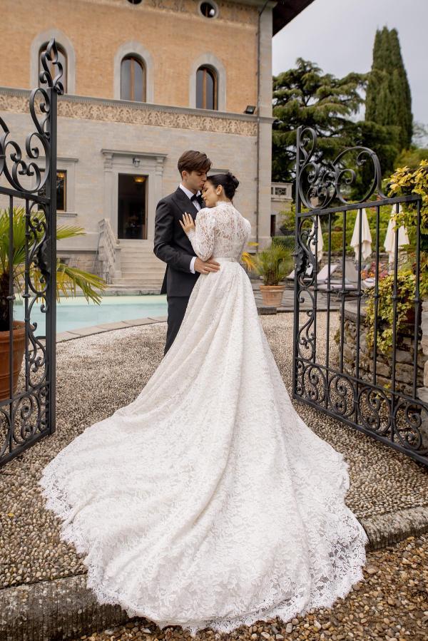 Lace A-Line Ruffled High Neck Long Sleeve Floor Length Wedding Dress