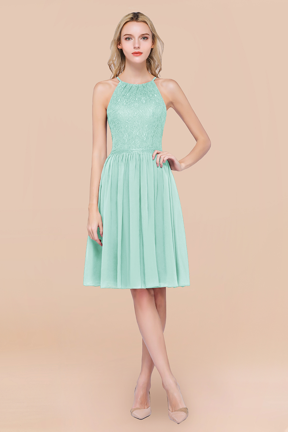 A-line Chiffon Lace Jewel Sleeveless Knee-Length Bridesmaid Dresses with Ruffles