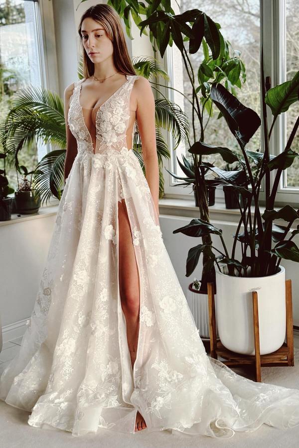 Long V Neck Open Back Tulle Front Slit Wedding Dress with Appliques Lace