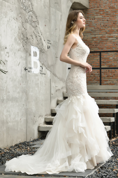 Ivory Long Mermaid Sweetheart Floral Lace Floor Length Wedding Dresses