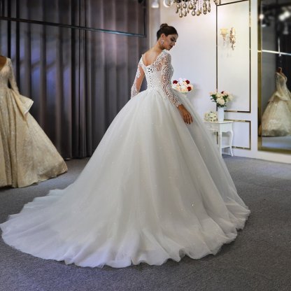 Gorgeous Long Ball Gown Bateau Long Sleeve Appliques Lace Sequins Floor-length Wedding Dress