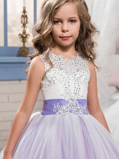Princess Sleeveless Jewel Neck Pageant Flower Girl Dresses With Bow(S)