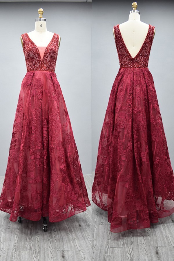 Elegant Long A-line V-neck Satin Beading Backless Formal Prom Dresses