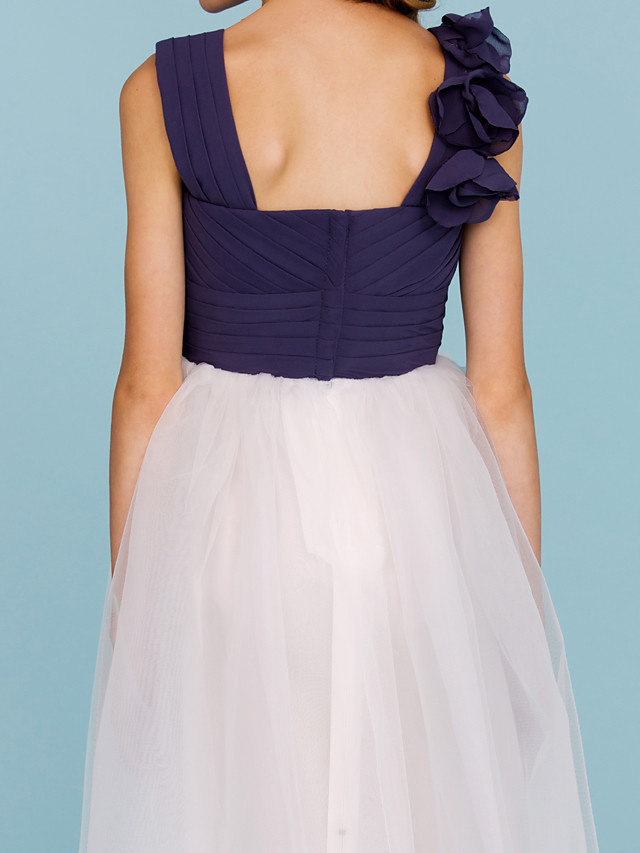 Princess / A-Line Straps Floor Length Chiffon / Tulle Junior Bridesmaid Dress With Criss Cross / Ruched / Flower / Color Block / Floral / Wedding Party