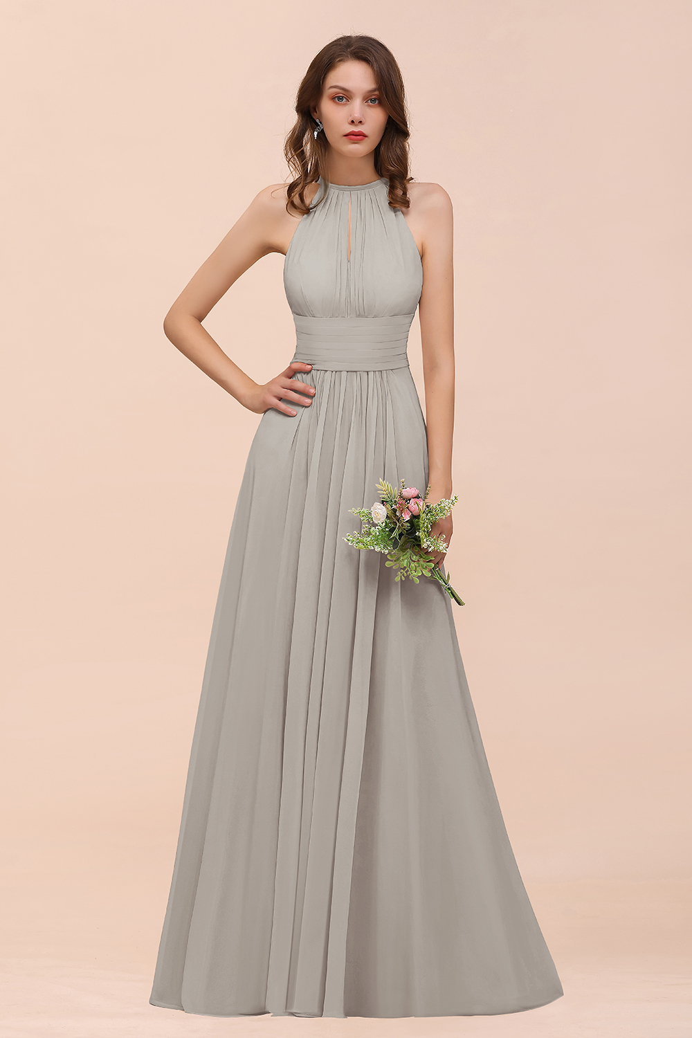 Elegant Long A-Line Jewel Ruffle Chiffon Champagne Bridesmaid Dress
