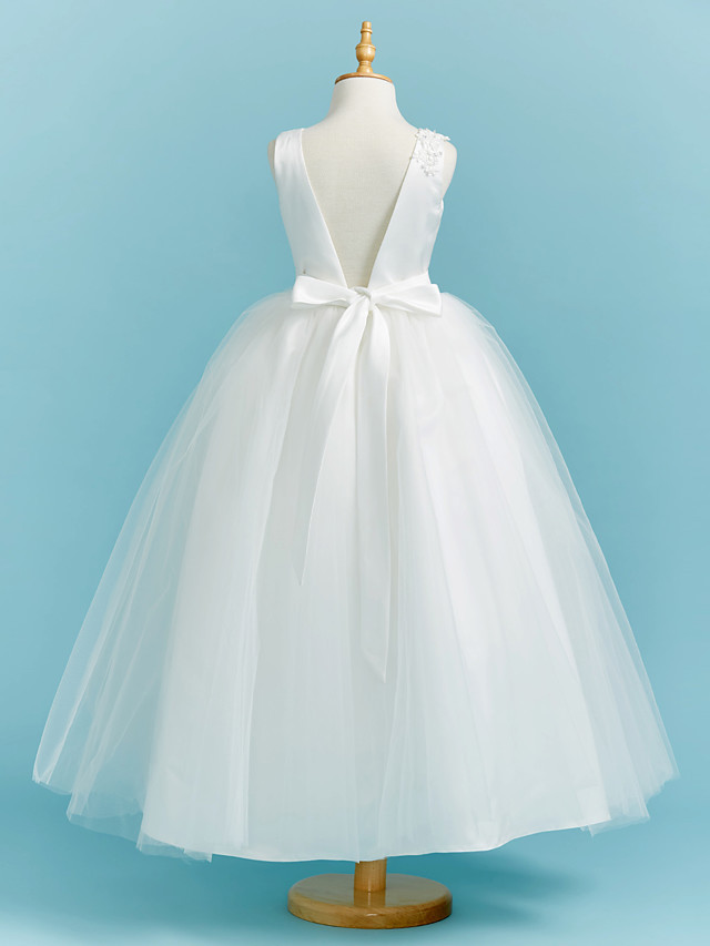 Ball Gown Crew Neck Floor Length Lace / Tulle Junior Bridesmaid Dress With Sash / Ribbon / Pleats / Beading