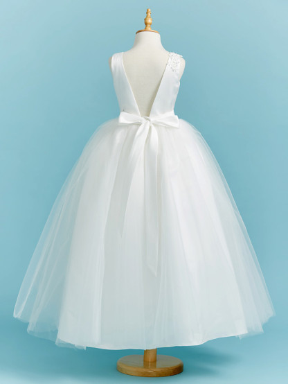 Ball Gown Crew Neck Floor Length Lace / Tulle Junior Bridesmaid Dress With Sash / Ribbon / Pleats / Beading