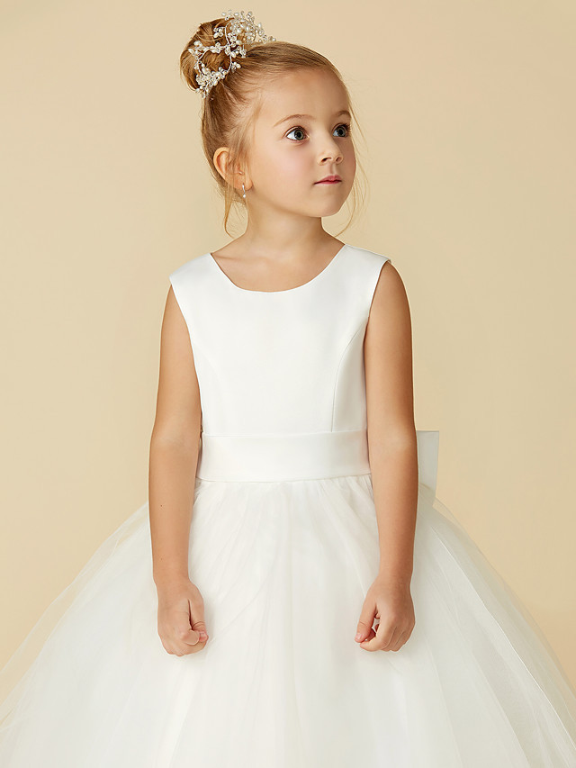 A-Line Floor Length Wedding / First Communion Flower Girl Dresses - Satin / Tulle Sleeveless Jewel Neck With Bow(S) / Buttons