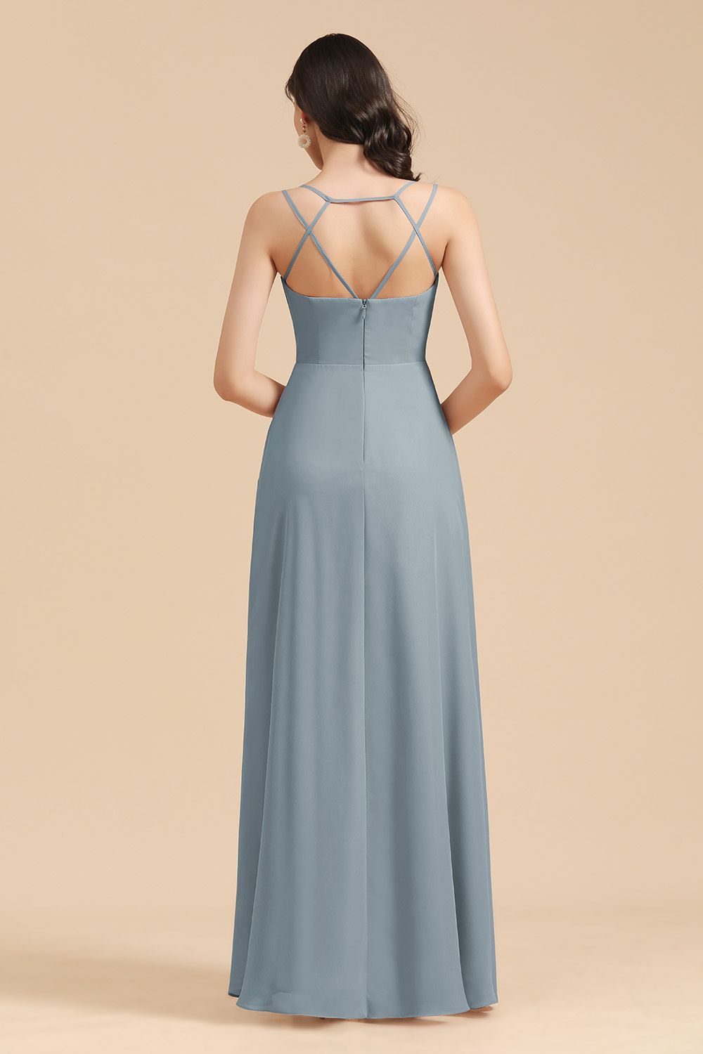 Long A-line V-Neck Chiffon Bridesmaid Dress Dusty Blue Wedding Guest Dress