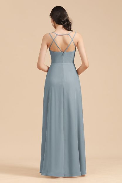 Long A-line V-Neck Chiffon Bridesmaid Dress Dusty Blue Wedding Guest Dress