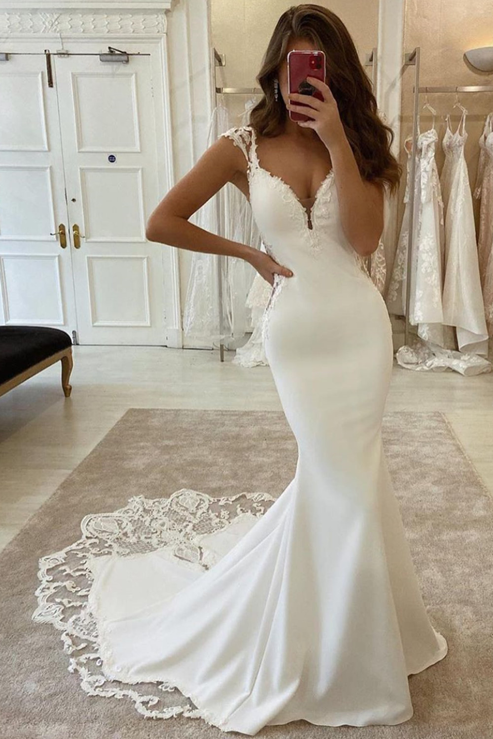 Long Deep V-neck Appliques Lace Satin Floor-length Mermaid Wedding Dress