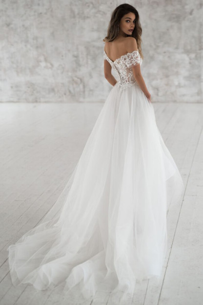 Elegant Long A-line Off the Shoulder Appliques Tulle Wedding Dress
