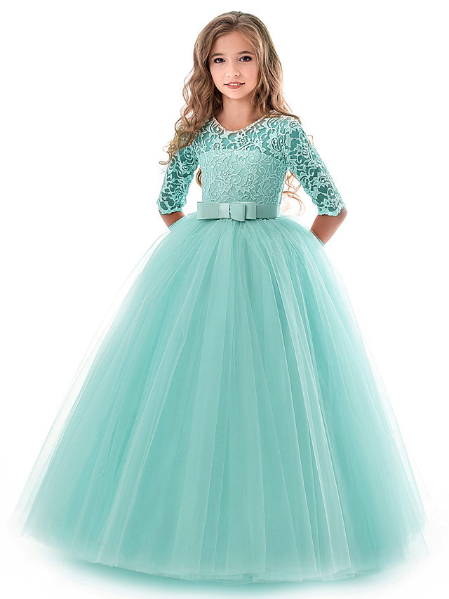 Princess Long Length Wedding / Party / Pageant Flower Girl Dresses - Lace / Tulle Half Sleeve Jewel Neck With Lace / Belt