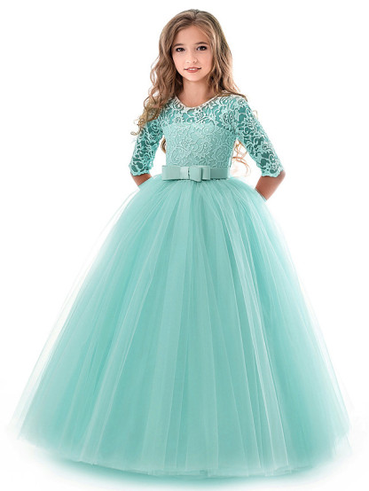 Princess Long Length Wedding / Party / Pageant Flower Girl Dresses - Lace / Tulle Half Sleeve Jewel Neck With Lace / Belt