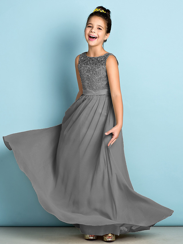 A-Line Scoop Neck Floor Length Chiffon / Lace Junior Bridesmaid Dress With Lace / Natural / Mini Me