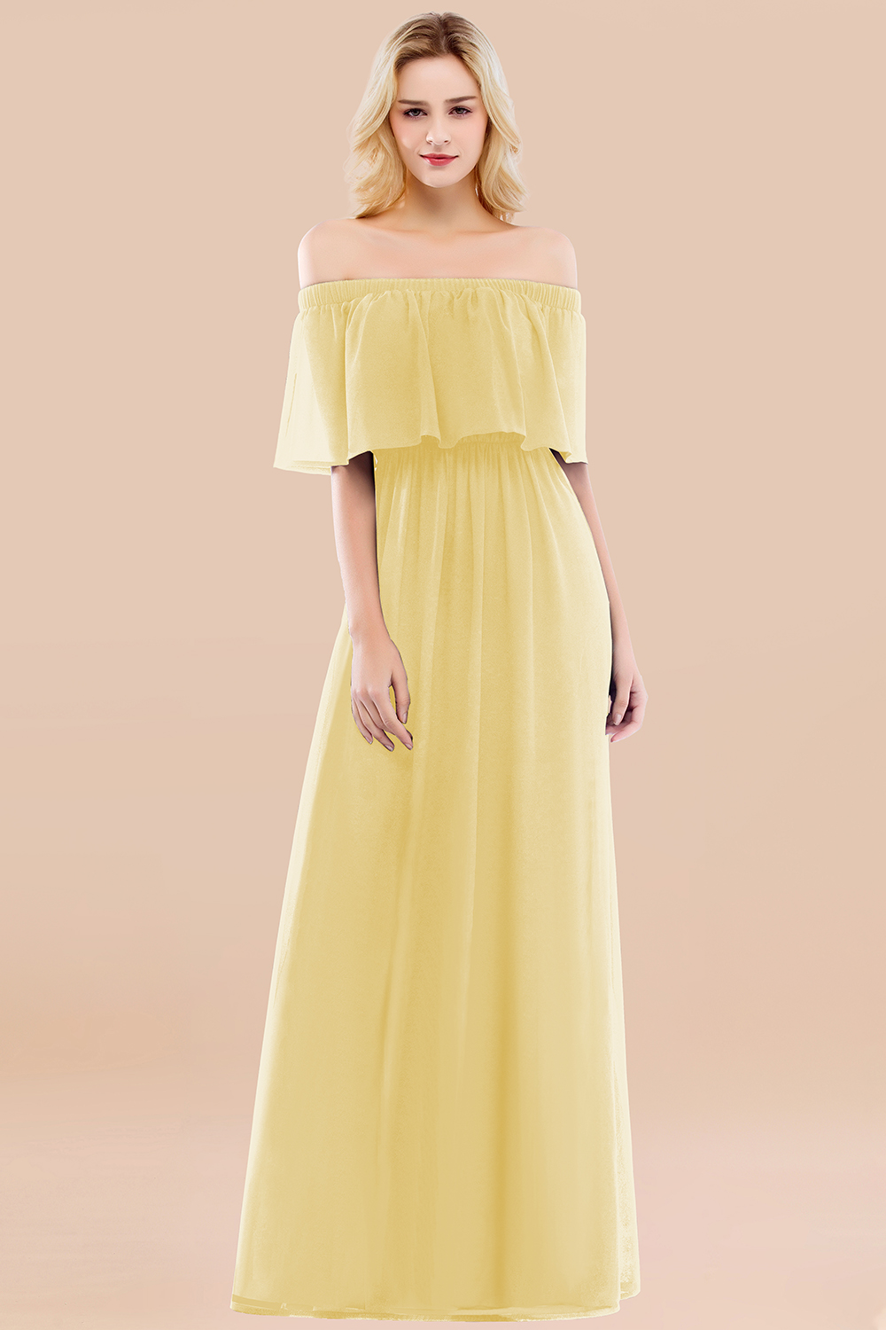 A-line Chiffon Off-the-Shoulder Short-Sleeves Ruffles Floor-length Bridesmaid Dress