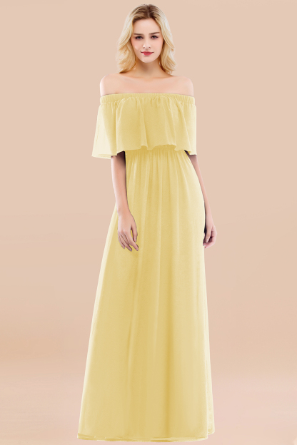 A-line Chiffon Off-the-Shoulder Short-Sleeves Ruffles Floor-length Bridesmaid Dress