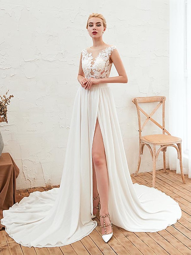 A-Line Wedding Dresses Jewel Neck Court Train Chiffon Cap Sleeve Casual Boho