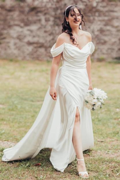 Elegant White Long A-Line Off-the-shoulder Satin High Split Wedding Dress with Court Train