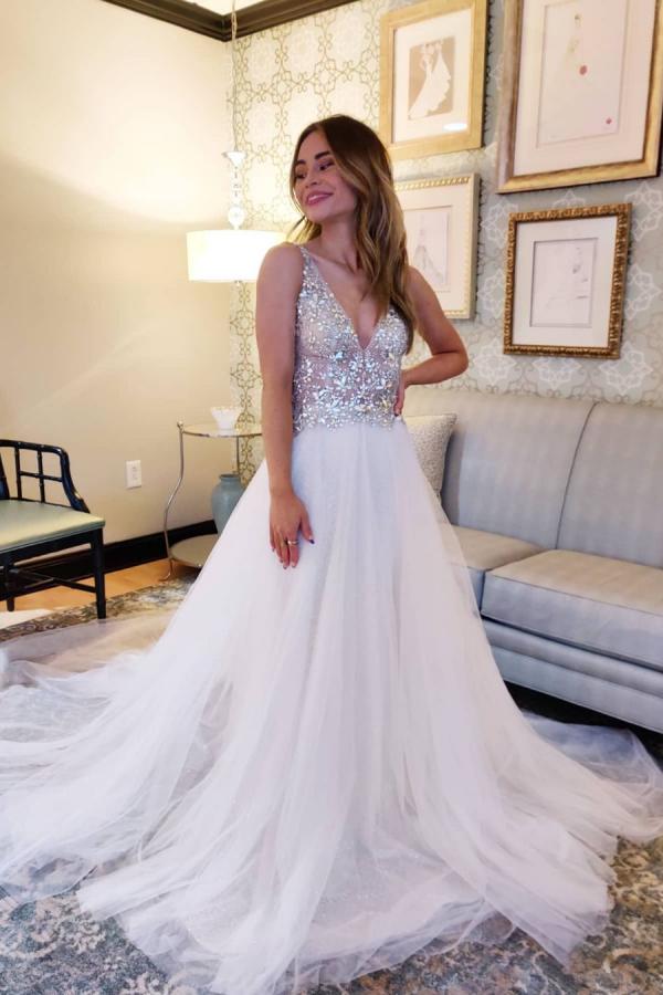 Vintage Long A-Line V-neck Tulle Open Back Wedding Dress  COCOSBRIDE