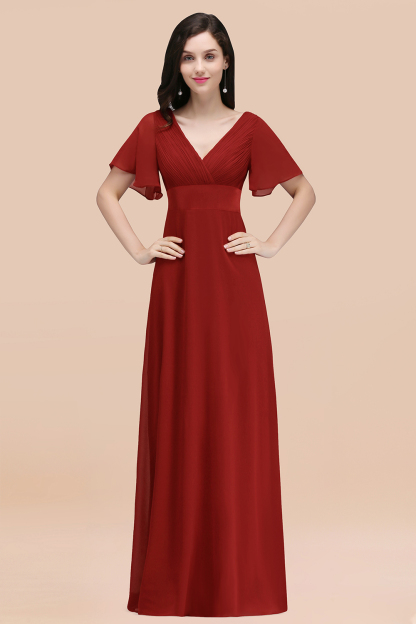 Simple A-Line Chiffon V-Neck Short-Sleeves Ruffles Floor-Length Bridesmaid Dresses