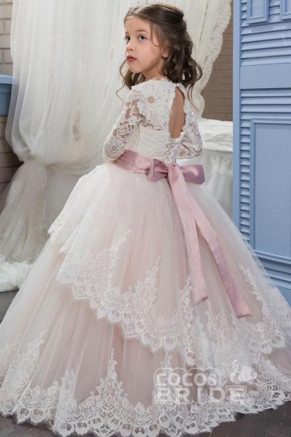 Purple Scoop Neck Long Sleeves Ball Gown Flower Girls Dress