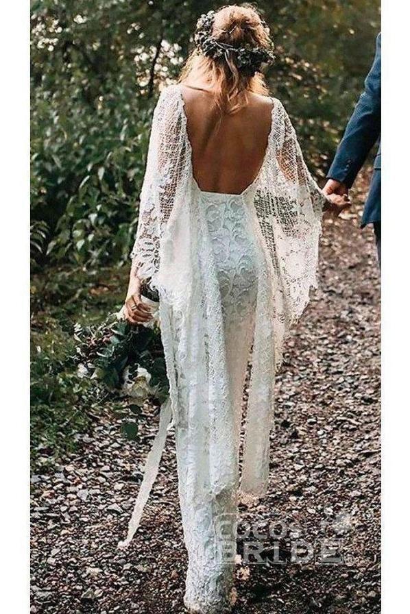 Ivory Boho Long Mermaid Lace Backless Wedding Dress