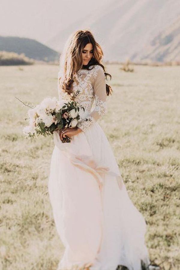Long Appliques Lace Chiffon A-line Wedding Dress	 with Long Sleeves