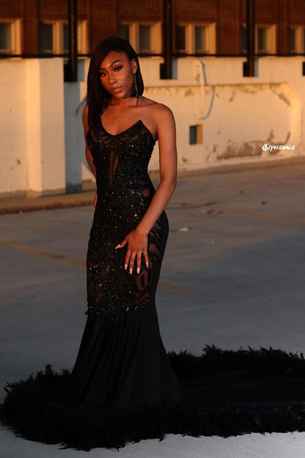 chinese dress ladies Black Lace Sequined Strapless Mermaid Prom Dress