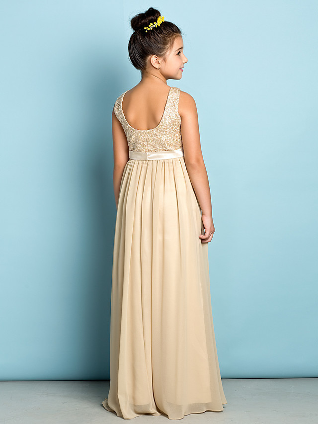 A-Line Scoop Neck Floor Length Chiffon / Lace Junior Bridesmaid Dress With Lace / Natural / Mini Me