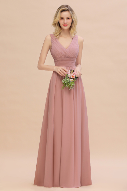 Elegant A-line V-Neck Ruffles Long Bridesmaid Dress