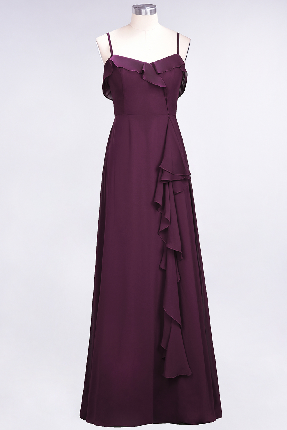 Spaghetti Straps A-Line Chiffon Backless Floor-length Prom Dress With Ruffles