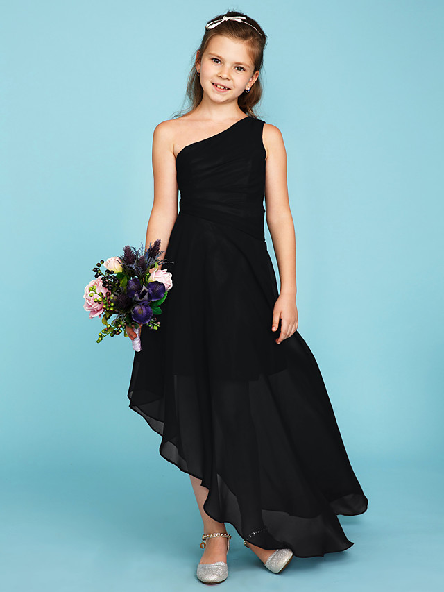A-Line One Shoulder Asymmetrical Chiffon Junior Bridesmaid Dress With Side Draping / Wedding Party