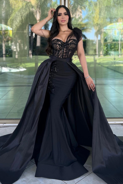 Dark Green Long Mermaid Satin Beaded Prom Dress with Detachable Train