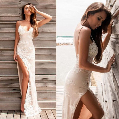 Chic Long Column Straps Split Lace Backless Prom Dress with Slit