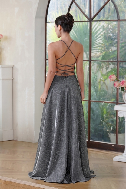 Glitter Long A-line V-neck Halter Front Slit Backless Prom Dresses with Pocket