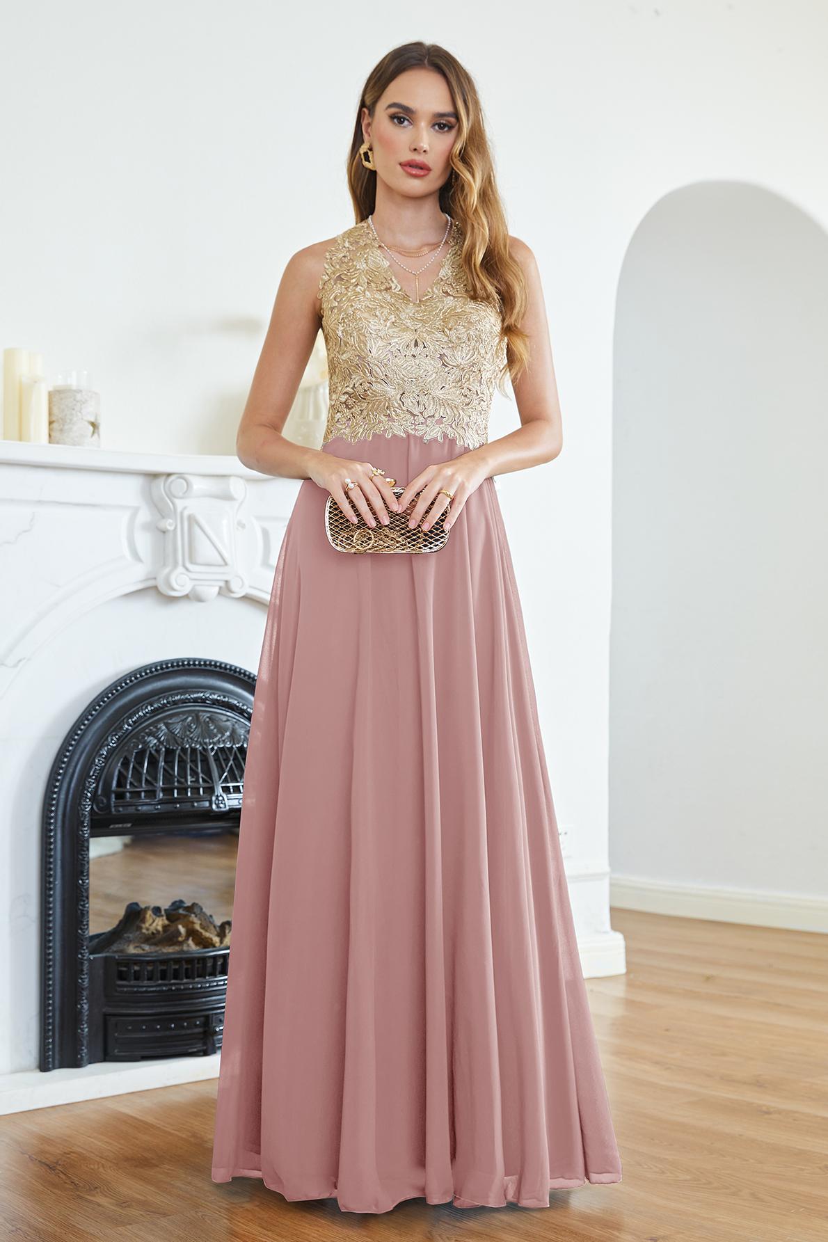 Long Halter Gold Lace Appliques A-line Chiffon Formal Evening Dress
