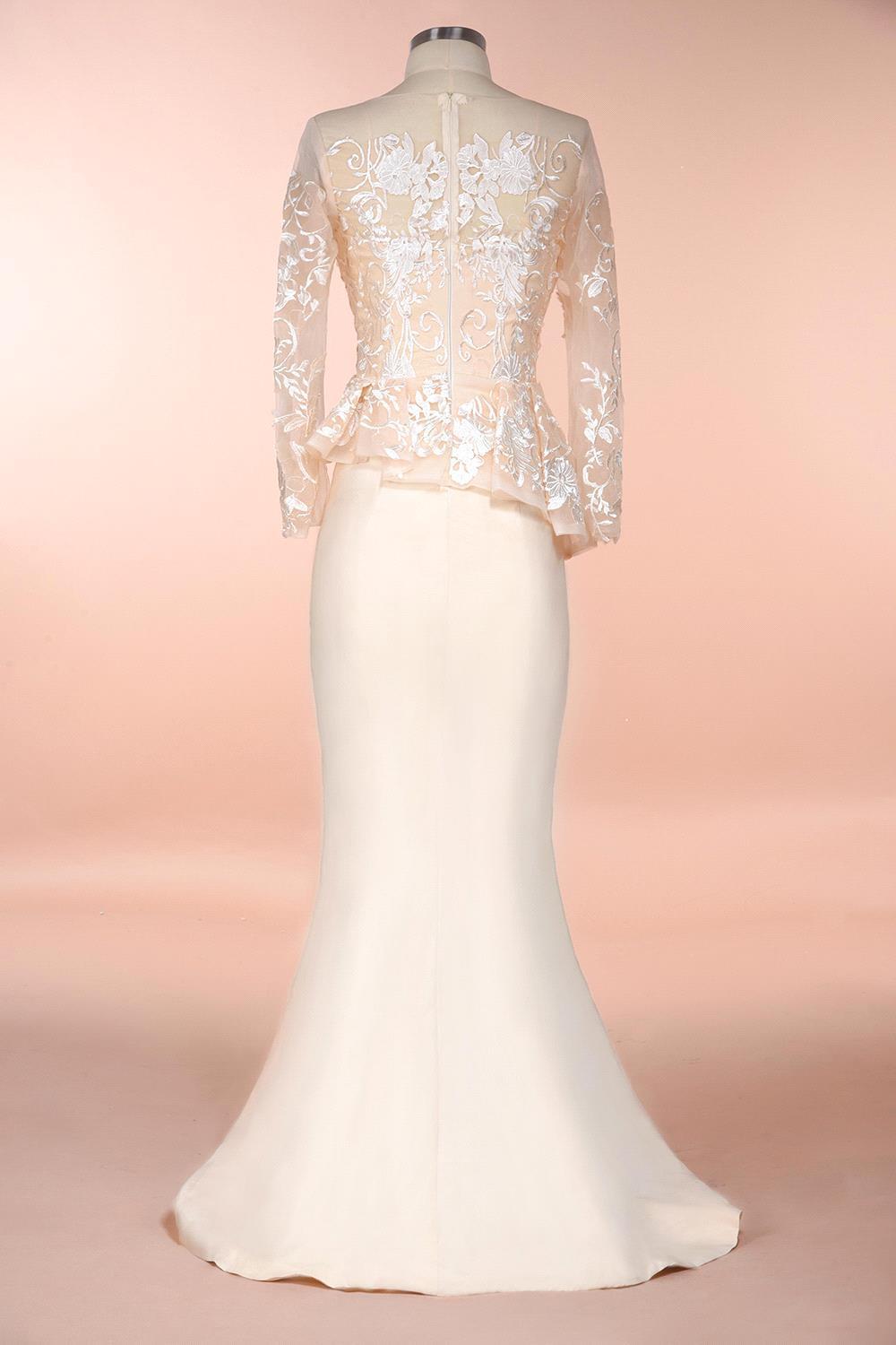 Modest Long Mermaid Lace Satin Formal Prom Dresses with Sleeves