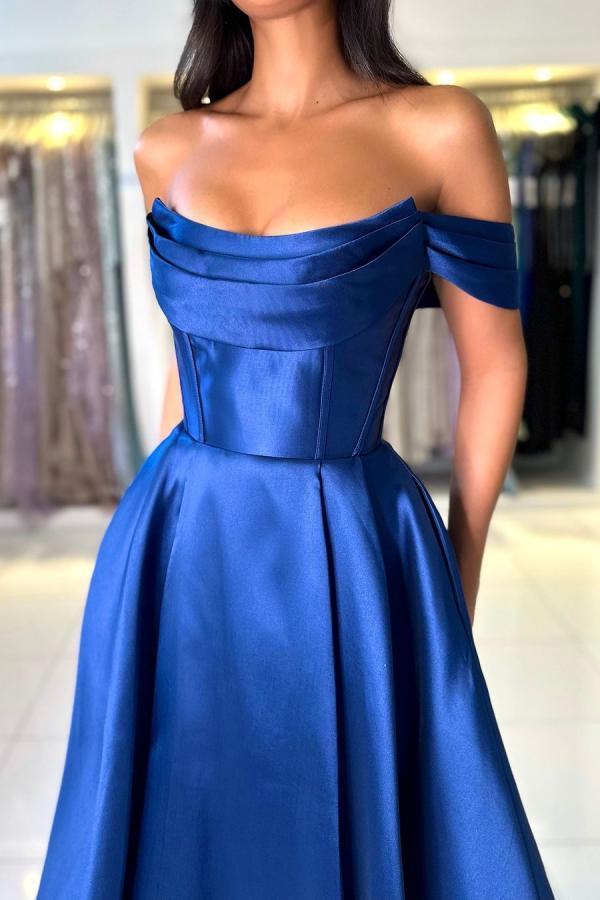 Off The Shoulder Empire Open Back Satin Blue Floor Length Prom Dress with Ruffles