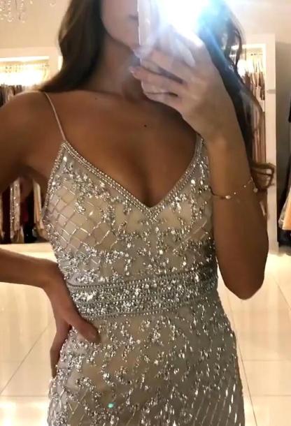 Shiny Spaghetti Straps V-neck Mermaid Sequins Floor-length Prom Dress