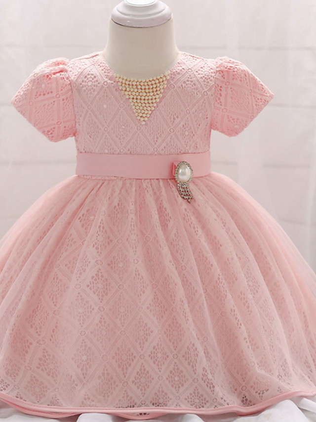 Ball Gown Floor Length Party / Birthday Flower Girl Dresses - Lace / Tulle Short Sleeve Jewel Neck With Belt / Beading