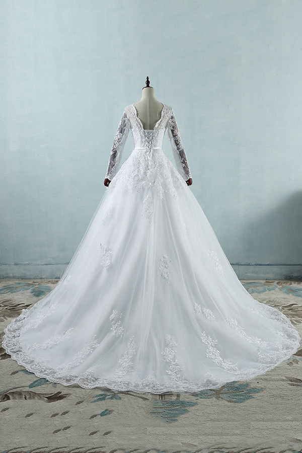 Long Sleeve Appliques Lace Tulle A-line Wedding Dress