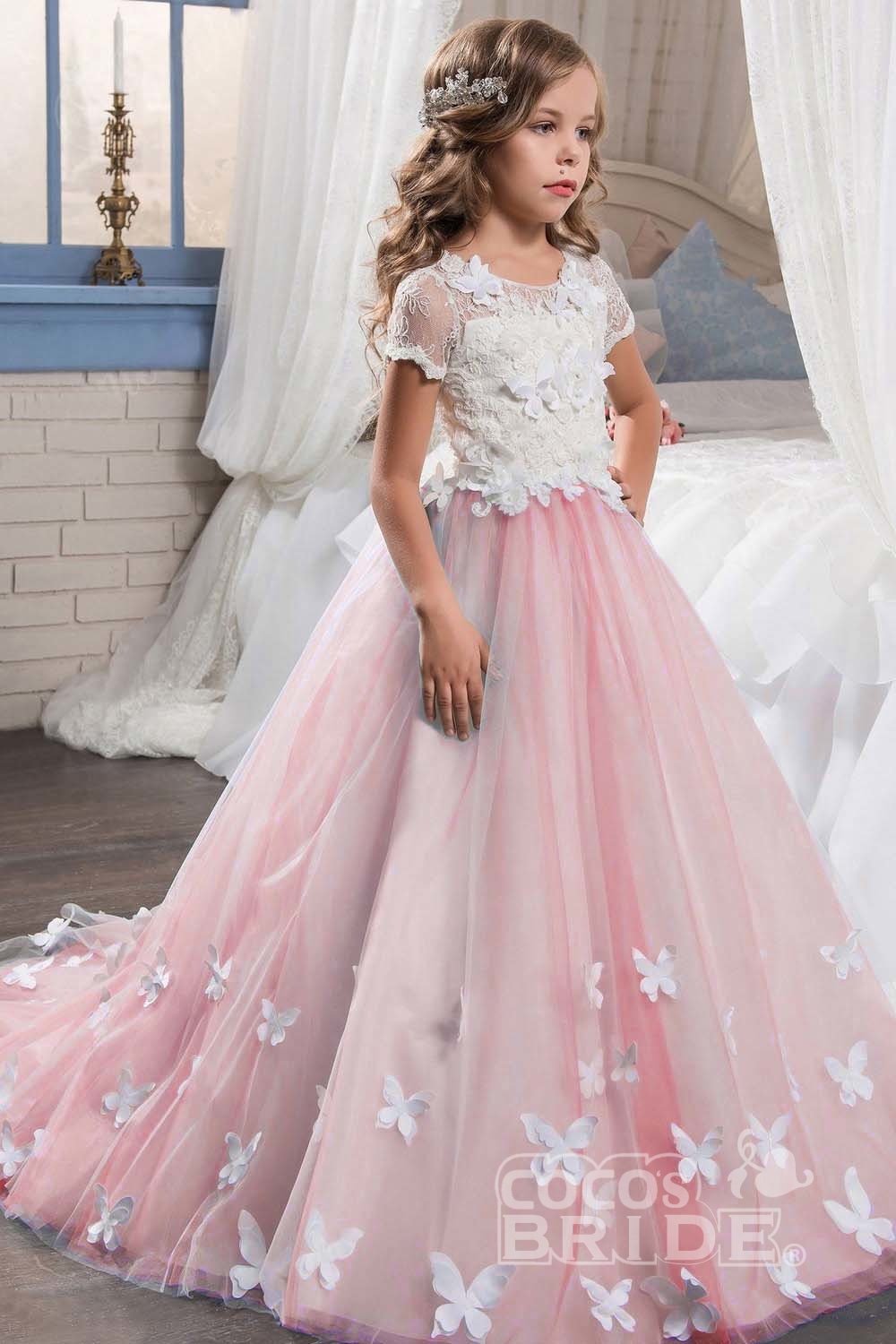 Pink Scoop Neck Short Sleeves Ball Gown Flower Girls Dress