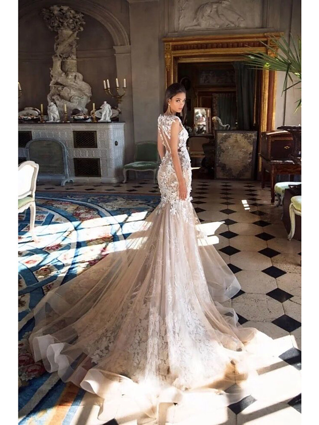 Long Mermaid Jewel Neck Chapel Train Lace Tulle Illusion Detail Backless Wedding Dresses
